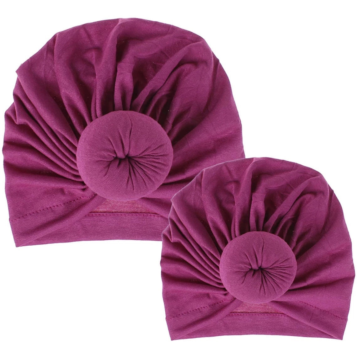 AQueenzDen Mommy and Me matching plum cotton top knot turbans with pre-tied knot detail.