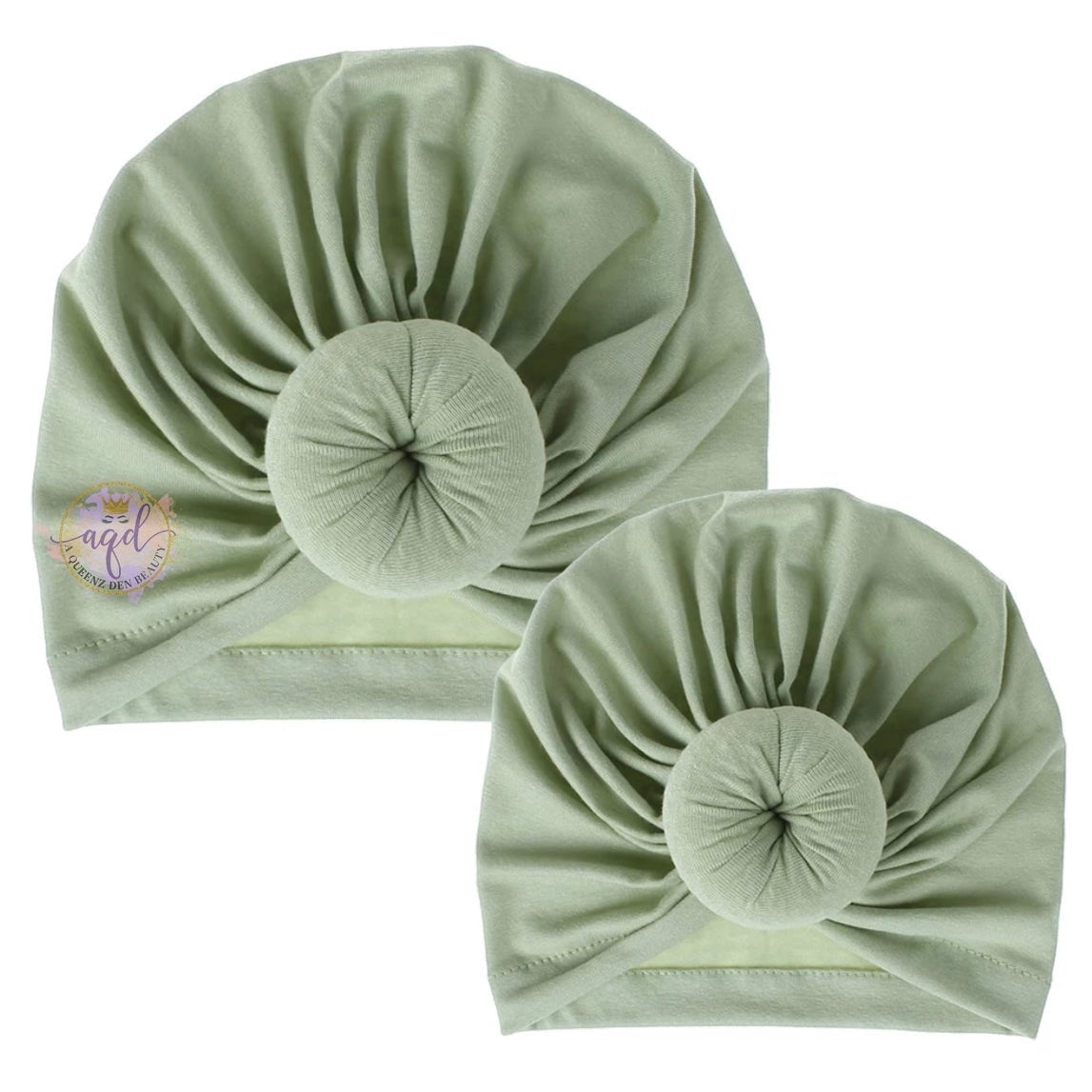 AQueenzDen Mommy and Me matching sage green cotton top knot turbans with pre-tied knot detail.