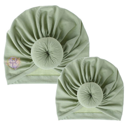 AQueenzDen Mommy and Me matching sage green cotton top knot turbans with pre-tied knot detail.