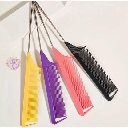 AQueenzDen set of 4 plastic rat tail combs in yellow, purple, pink, and black with metal tail for precise parting and braiding.