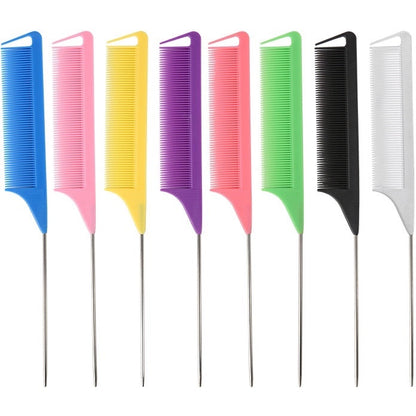 AQueenzDen colorful plastic parting combs with metal rat tail for precise braiding and styling. Set of 7.