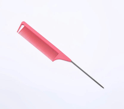 AQueenzDen pink plastic parting comb with a metal tail for precise braiding and styling.