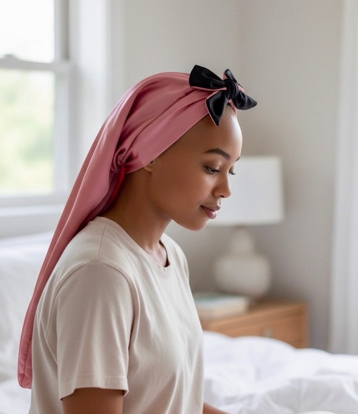 AQueenzDen pink double layer satin bonnet with black bow tie, adjustable ties for women's hair protection.
