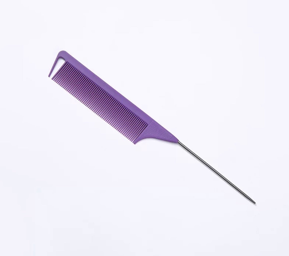 AQueenzDen purple plastic parting comb with a metal rat tail for precise hairstyling and braiding.