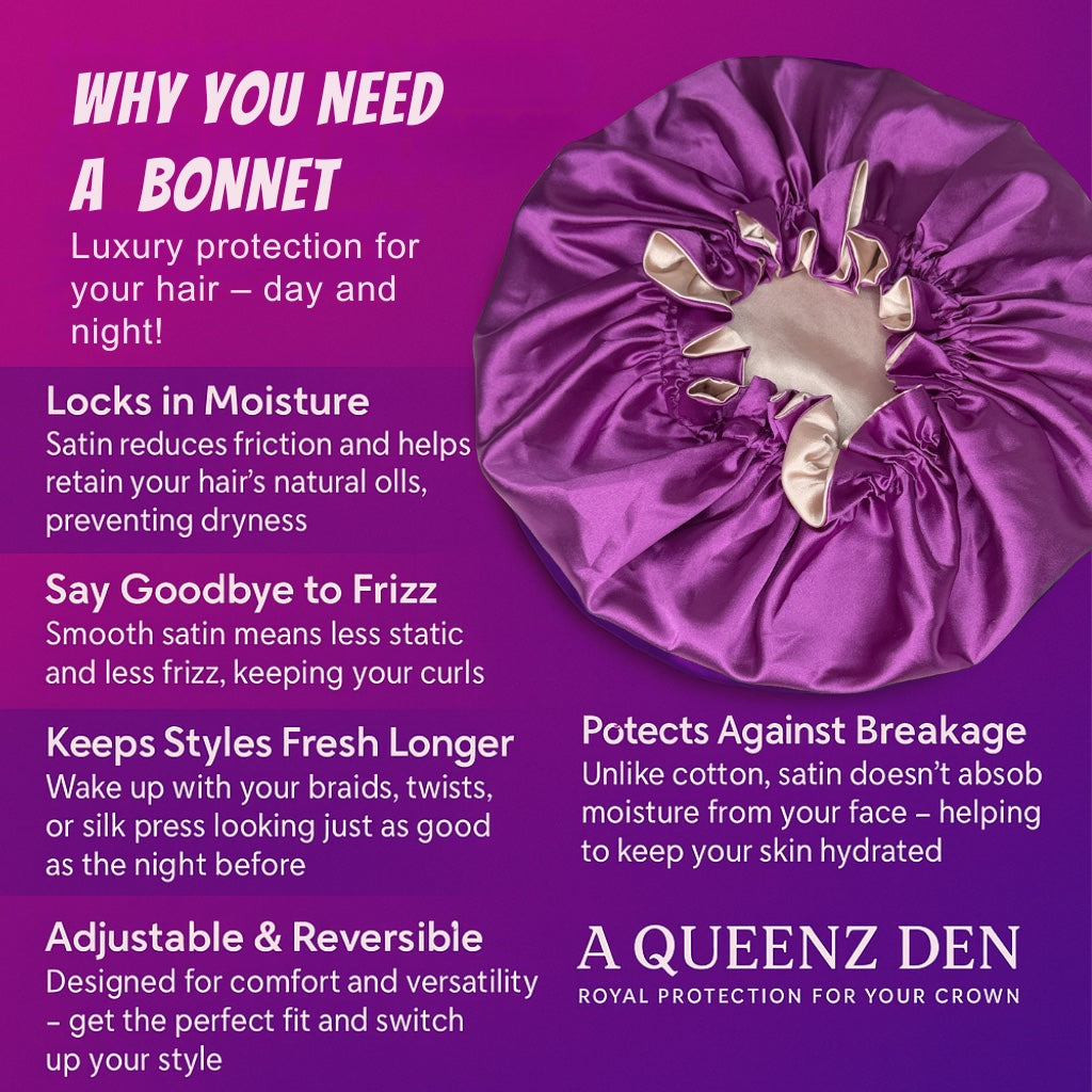 A Queenz Den adjustable double layer reversible satin bonnet in purple, designed for natural, curly, and loc'd hair.