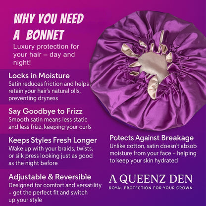 A Queenz Den adjustable double layer reversible satin bonnet in purple, designed for natural, curly, and loc'd hair.