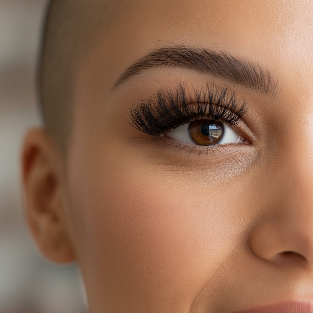 AQueenzDen Queen Tings Real Mink Fluffy Lashes on a smiling woman with a shaved head.