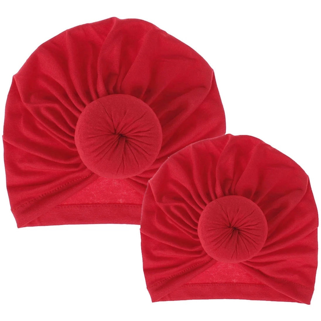 AQueenzDen red cotton mommy and me top knot turbans with pre-tied knot detail
