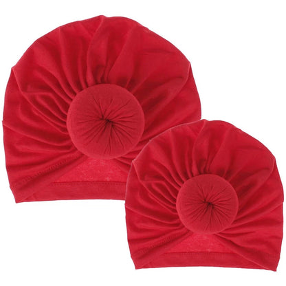 AQueenzDen red cotton mommy and me top knot turbans with pre-tied knot detail