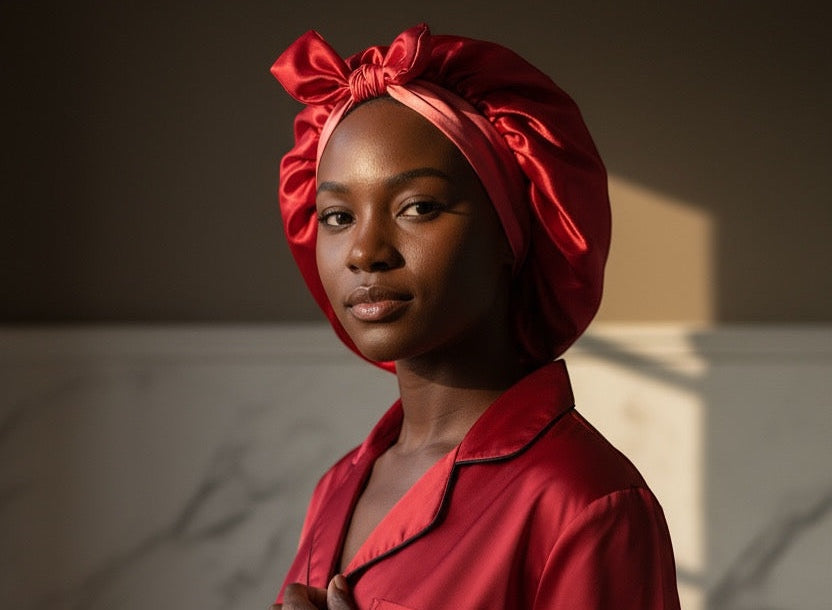 AQueenzDen red satin double layer bonnet with adjustable ties and a large bow detail. Designed for women's hair care.