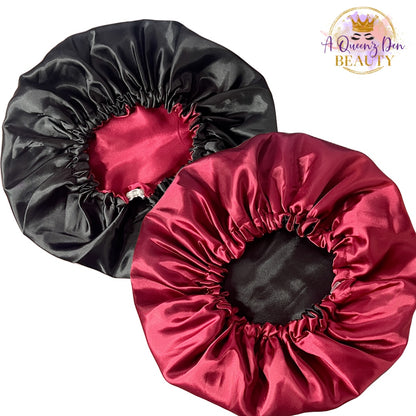 AQueenzDen Adjustable double layer reversible satin bonnet in black and burgundy, designed for natural hair.
