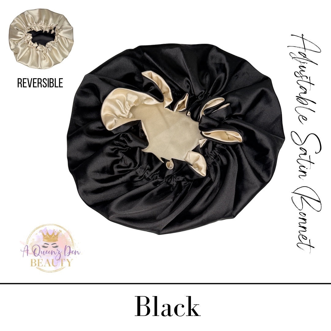 AQueenzDen black and gold reversible satin bonnet with adjustable tie for natural hair protection.