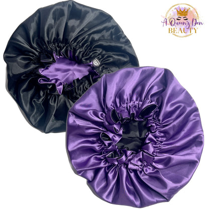 AQueenzDen Adjustable double layer reversible satin bonnet in black and purple. Designed for natural, curly, and loc'd hair.