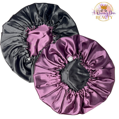 AQueenzDen Adjustable double layer reversible satin bonnet in black and purple, designed for natural, curly, and loc'd hair.