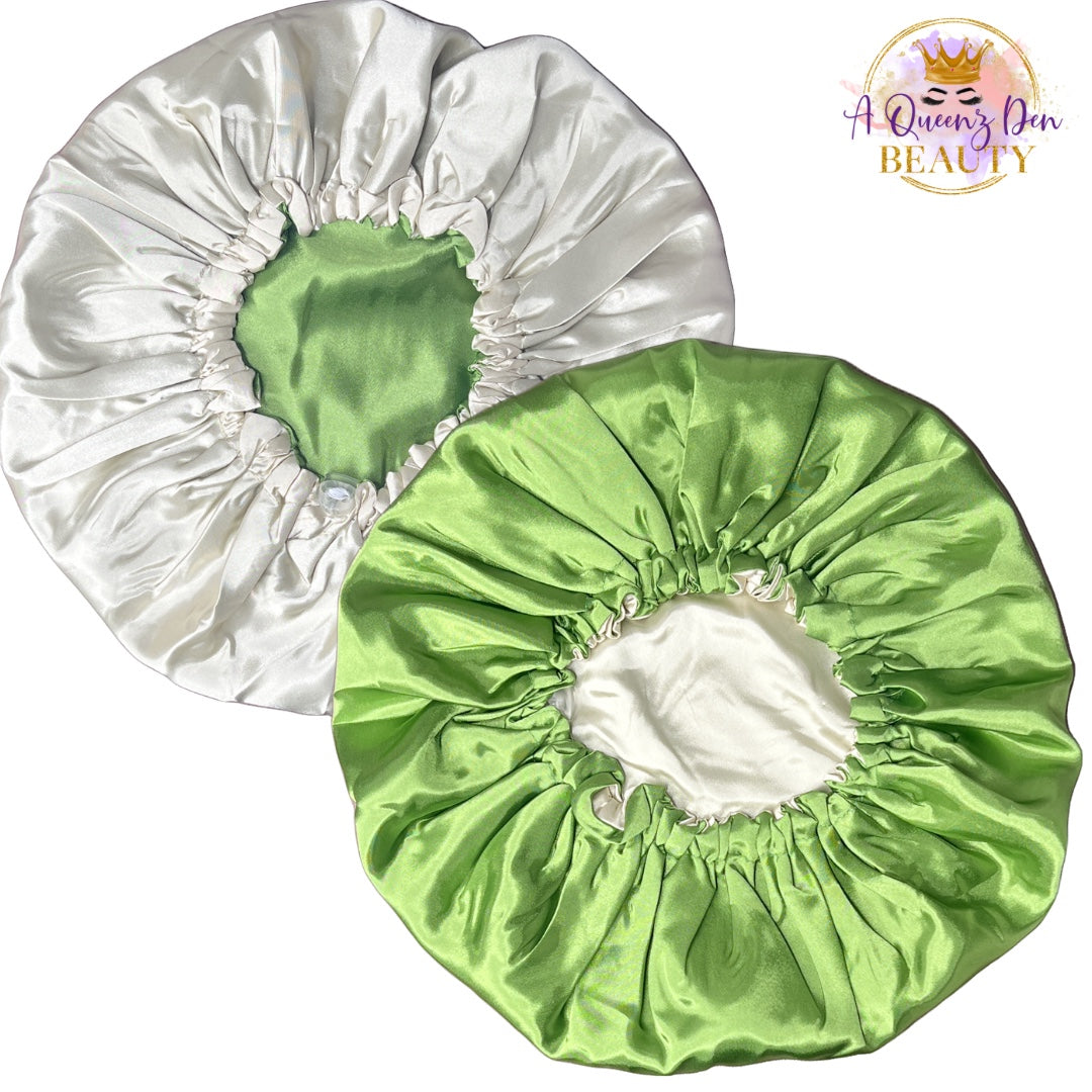 AQueenzDen reversible satin bonnet in cream and lime green, featuring an adjustable fit and double-layer protection for natural hair.