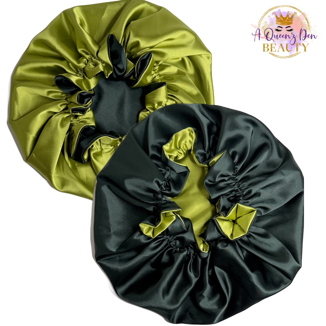 AQueenzDen reversible satin bonnet in lime green and dark green. Double-layered, adjustable fit for natural hair.