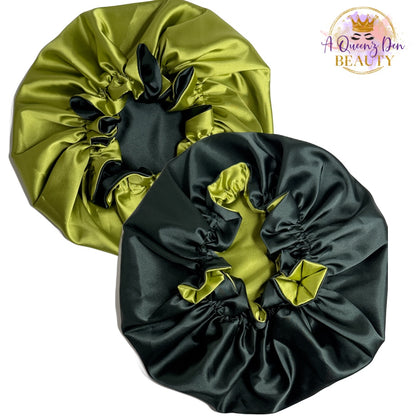 AQueenzDen reversible satin bonnet in lime green and dark green. Double-layered, adjustable fit for natural hair.