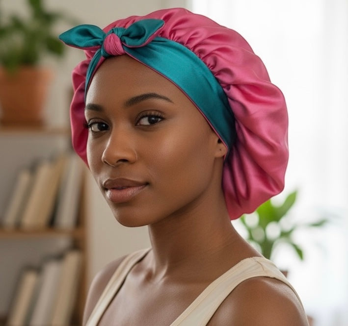 AQueenzDen reversible double layer satin bonnet in pink and teal with adjustable ties tied in a bow.