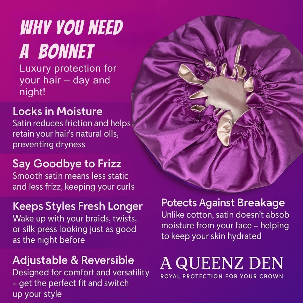 A Queenz Den adjustable double layer reversible satin bonnet in purple and beige, designed for natural hair.