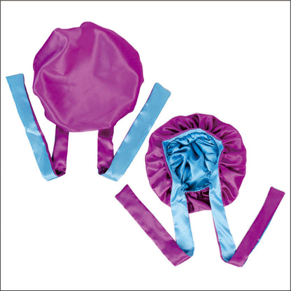 AQueenzDen reversible satin bonnet in purple and blue with adjustable ties for hair protection.