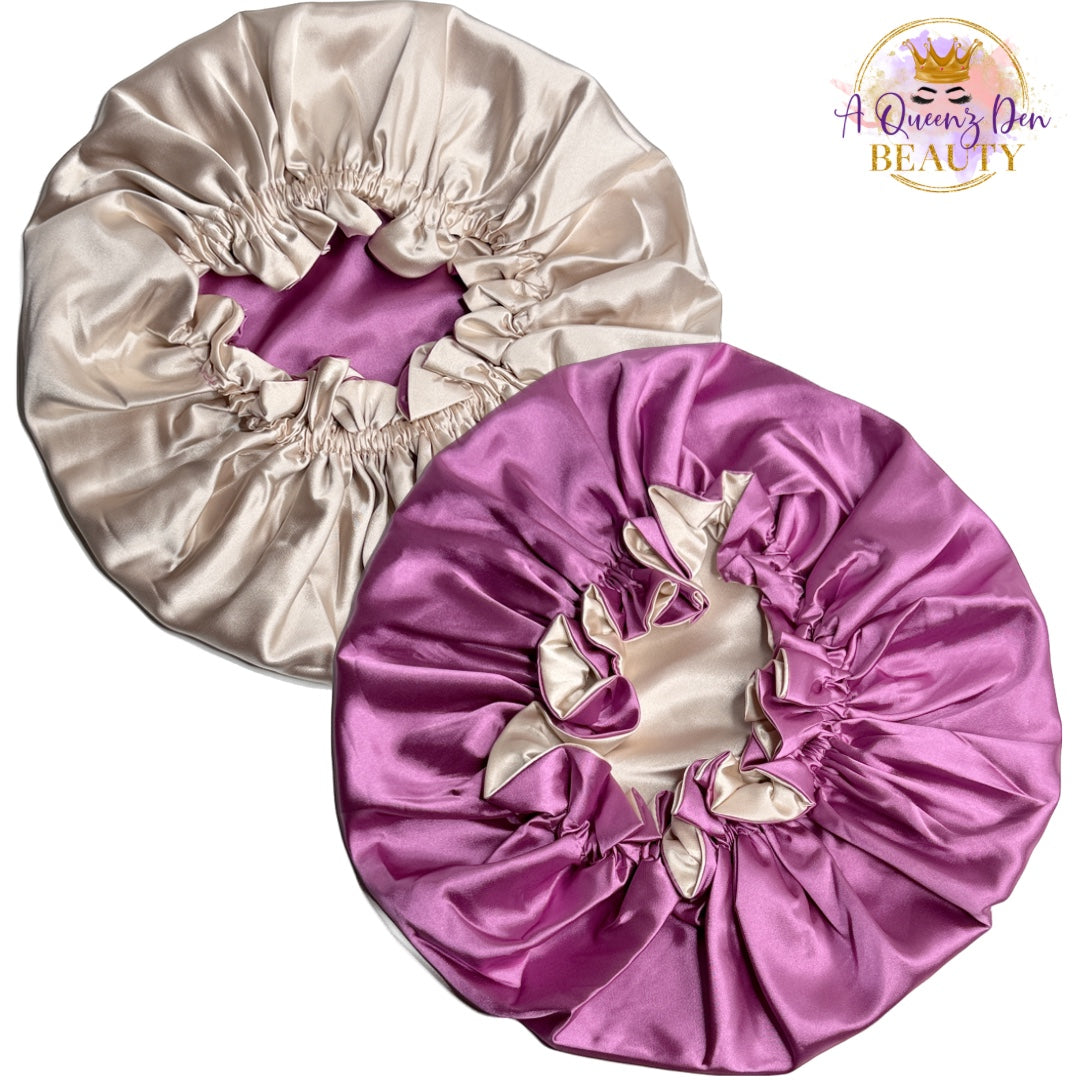 AQueenzDen Adjustable double layer reversible satin bonnet in purple and champagne for natural, curly, loc'd hair.