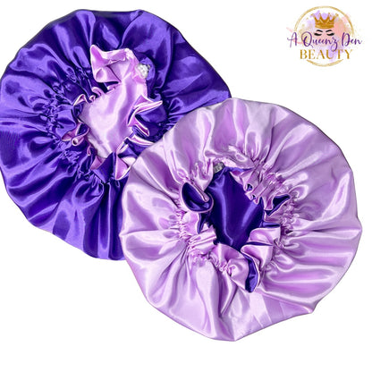 AQueenzDen Adjustable double layer reversible satin bonnet in purple and lavender, designed for natural hair.