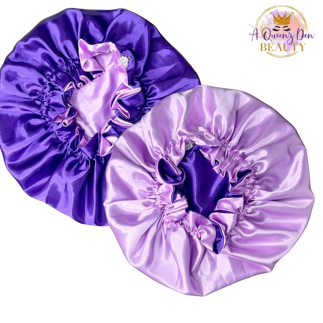 AQueenzDen Adjustable double layer reversible satin bonnet in purple and lilac, designed for natural hair.
