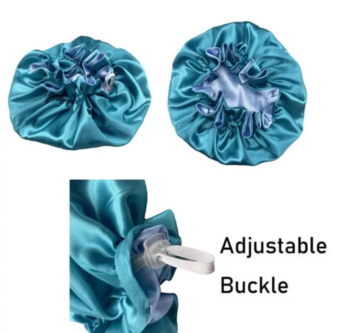 AQueenzDen teal and light blue reversible satin bonnet with adjustable buckle for natural hair.
