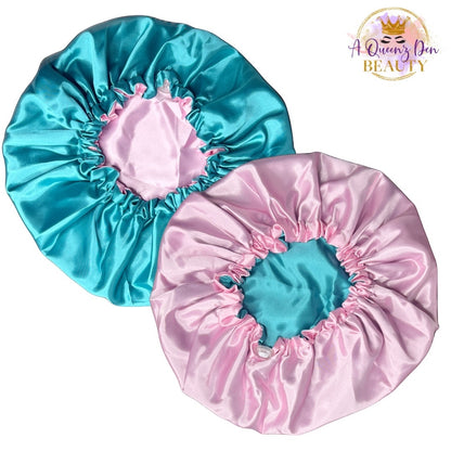 AQueenzDen reversible satin bonnet in teal and pink, adjustable double layer for natural hair.