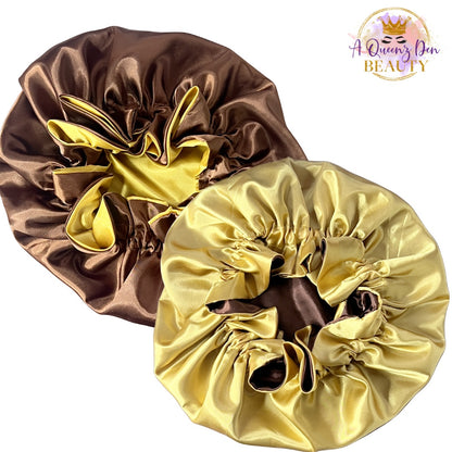 AQueenzDen Adjustable double layer reversible satin hair bonnet in brown and gold. Designed for natural hair.