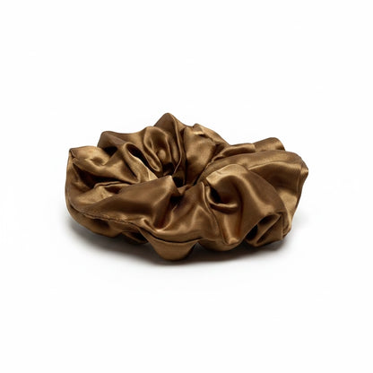 AQueenzDen Satin hair scrunchie in a bronze color, made of silky satin fabric.