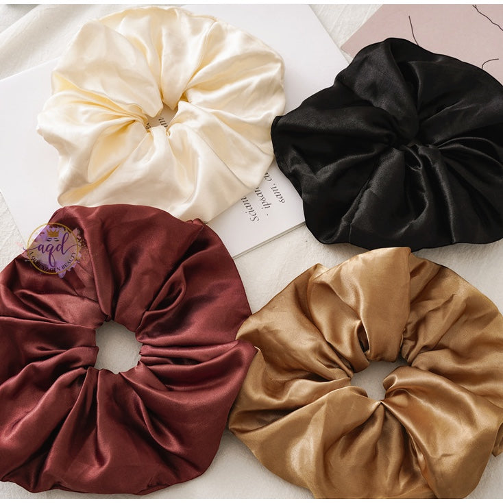 AQueenzDen Satin hair scrunchies in cream, black, burgundy, and gold. Medium size, silky smooth fabric.
