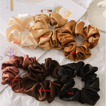 AQueenzDen medium satin hair scrunchies in beige, dark brown, maroon, and black. Silky smooth fabric.
