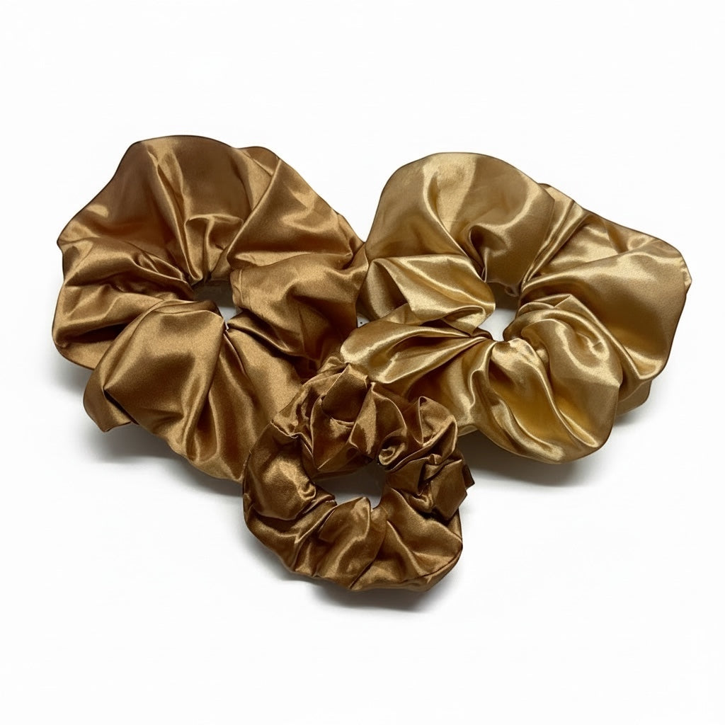 AQueenzDen Satin hair scrunchies in bronze, medium size, silky smooth fabric.