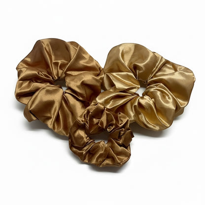 AQueenzDen Satin hair scrunchies in bronze, medium size, silky smooth fabric.