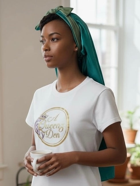 AQueenzDen teal double layer satin bonnet with adjustable ties and a green bow detail, worn by a woman.