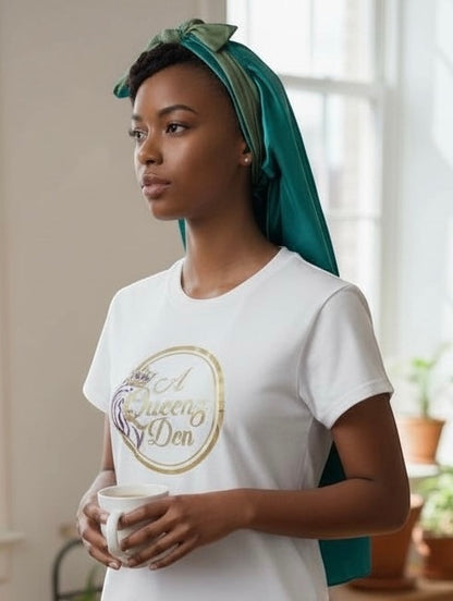 AQueenzDen teal double layer satin bonnet with adjustable ties and a green bow detail, worn by a woman.