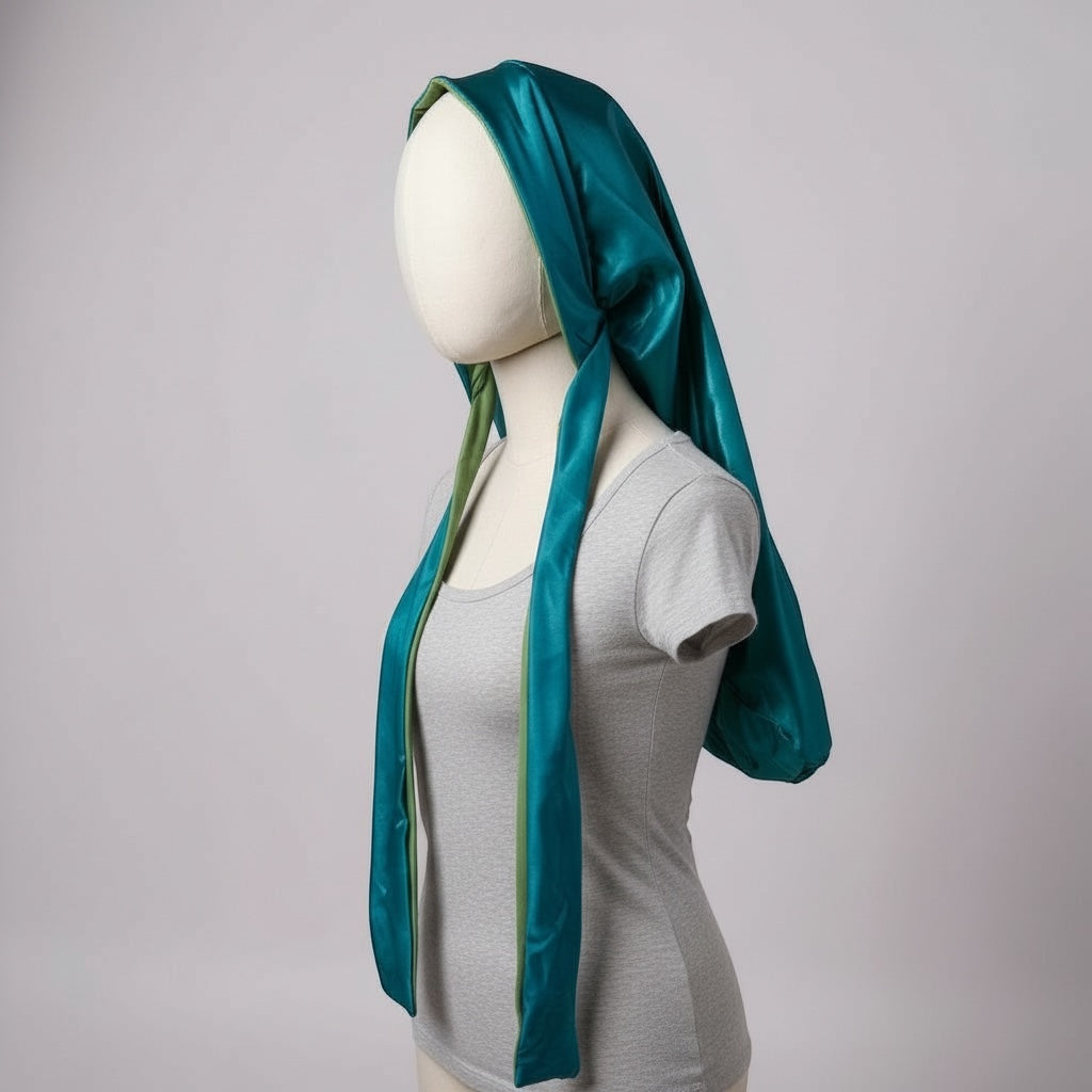 AQueenzDen teal and green double layer satin bonnet with adjustable ties, designed for long hair and sleeping.