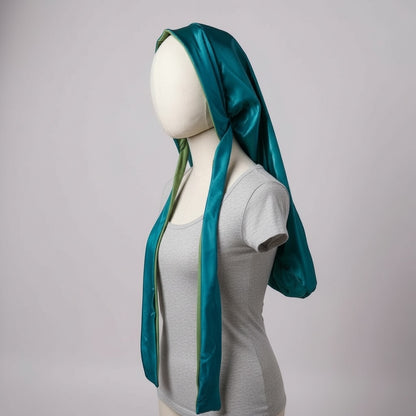AQueenzDen teal and green double layer satin bonnet with adjustable ties, designed for long hair and sleeping.