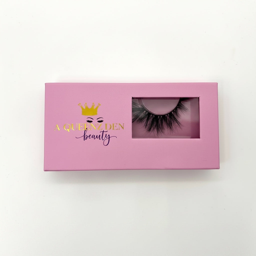 A Queenz Den Tiara Real Mink Fluffy Lashes, voluminous and soft with a feathery finish.