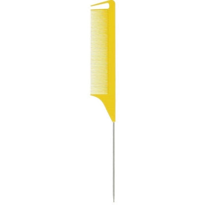 AQueenzDen yellow plastic comb with a metal rat tail for precise parting and braiding.