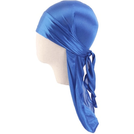 AQueenzDenHere blue silk satin durag for children, featuring adjustable straps and a smooth finish.