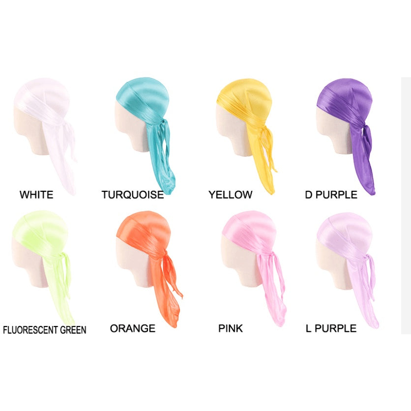 AQueenzDenHere child silk satin durag available in white, turquoise, yellow, deep purple, fluorescent green, orange, pink, and light purple.