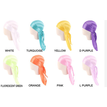 AQueenzDenHere child silk satin durag available in white, turquoise, yellow, deep purple, fluorescent green, orange, pink, and light purple.