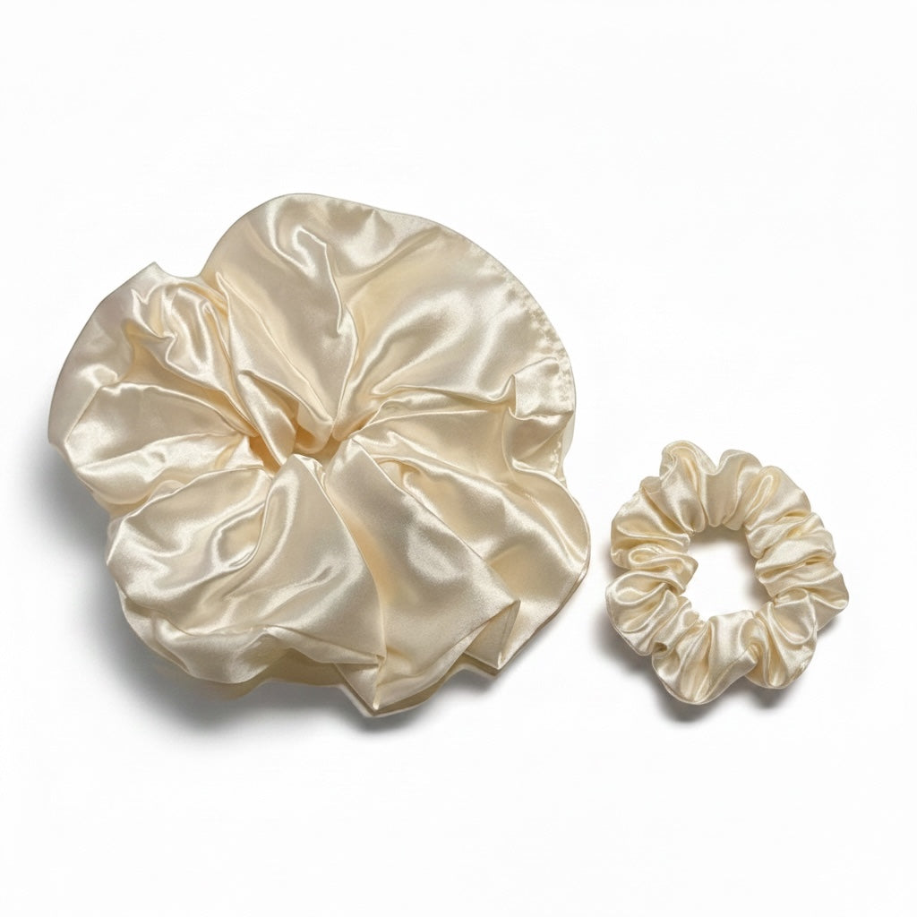 AQueenzDenHere cream satin scrunchie set with one large and one medium scrunchie.