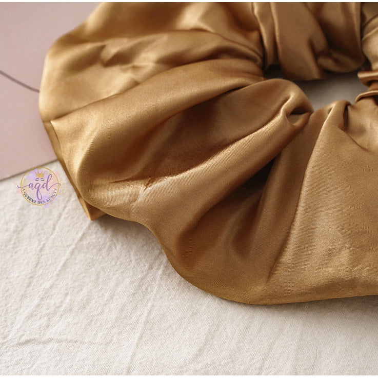 AQueenzDenHere medium-sized gold satin hair scrunchie, smooth silky fabric, 3.5" diameter