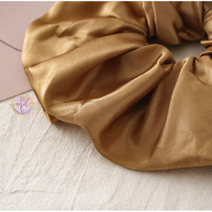 AQueenzDenHere medium-sized gold satin hair scrunchie, smooth silky fabric, 3.5" diameter