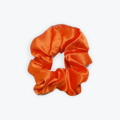 AQueenzDenHere medium-sized orange satin hair scrunchie, 3.5" diameter, made of silky satin fabric.