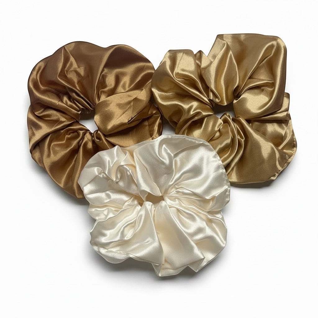 AQueenzDenHere medium satin scrunchies in champagne, gold, and bronze. Soft, silky hair ties.