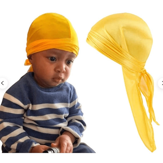 AQueenzDenHere yellow silk satin durag for infants and toddlers, with long ties.